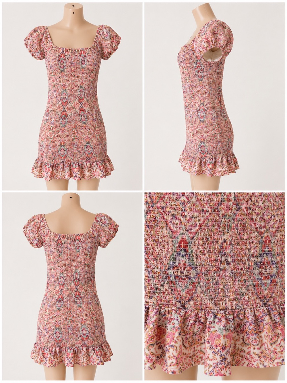 Forever 21 Pink Multi Floral Smocked Puff-Sleeve Mini Dress